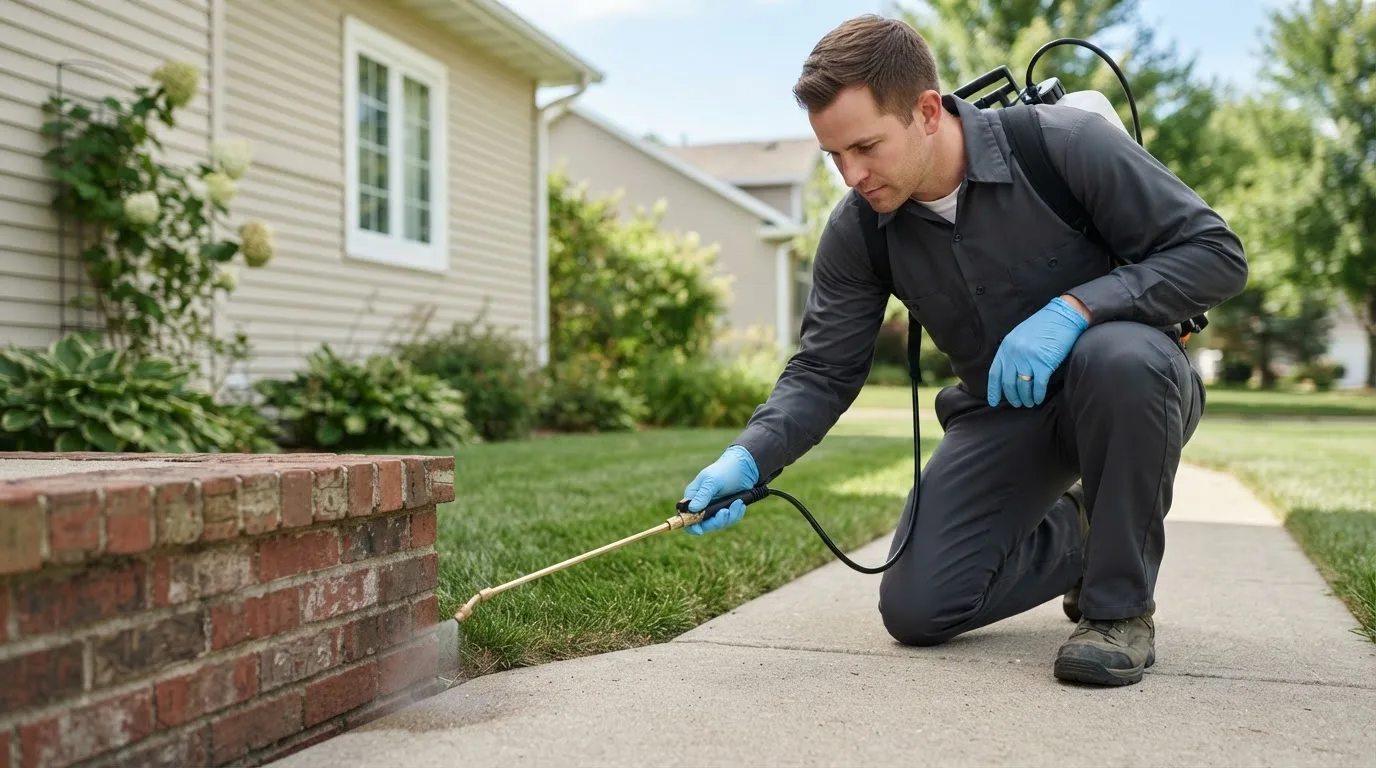 Pest control technician treating a home near Long Prairie, MN