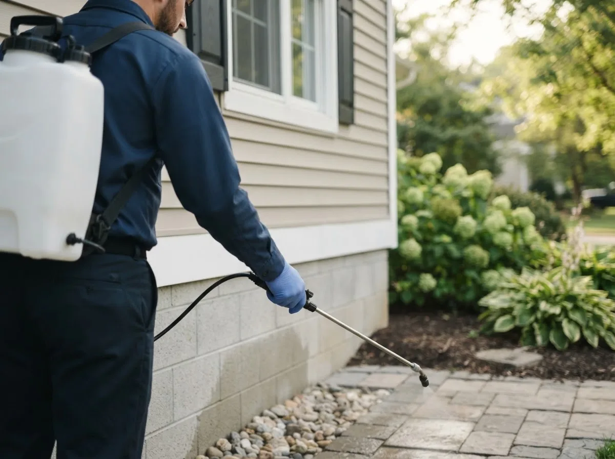 Pest control technician inspecting a home in Long Prairie, MN